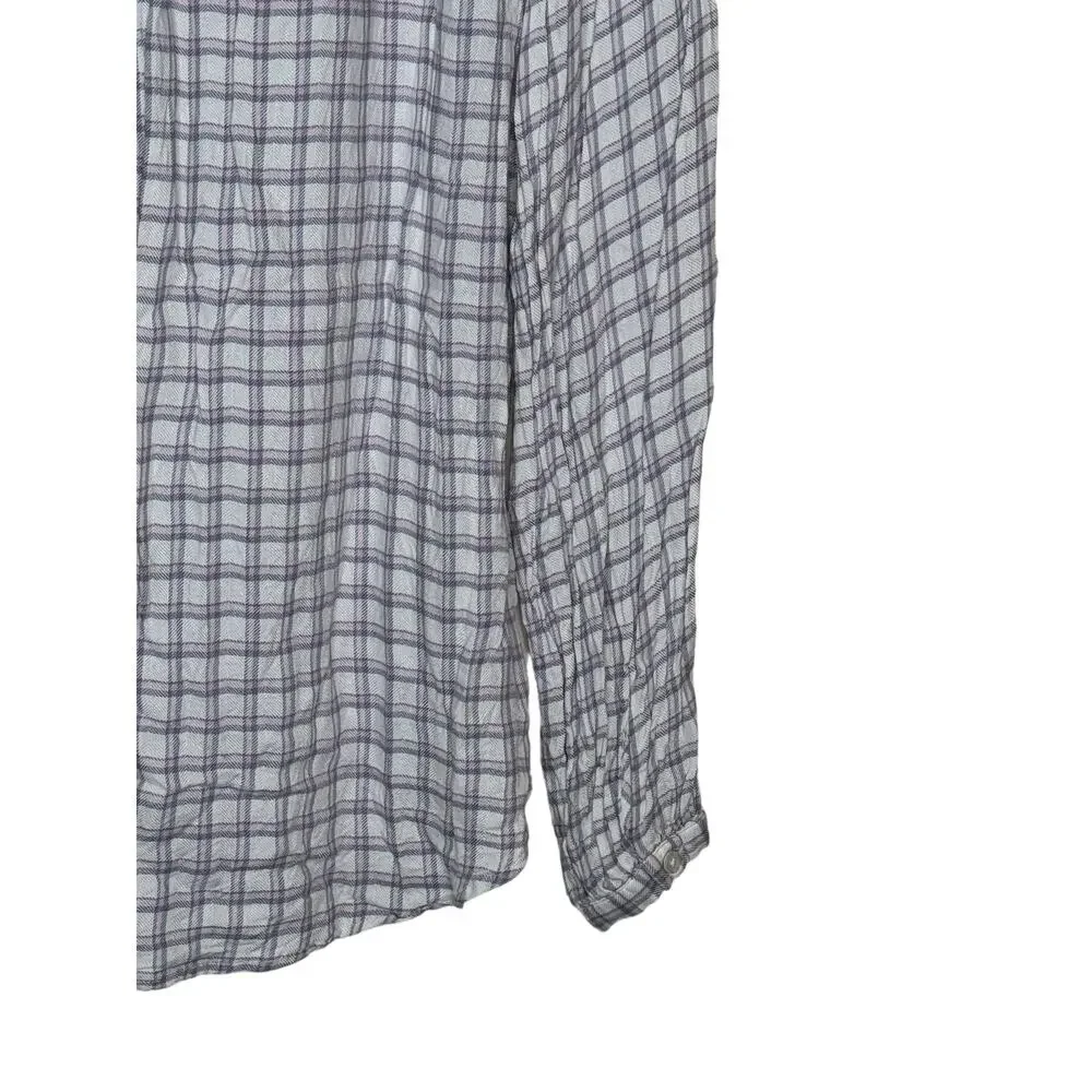 Talbots Women's Top‎ Ruffle Neck Plaid Rayon Button Long Sleeve Pink/Gray Large